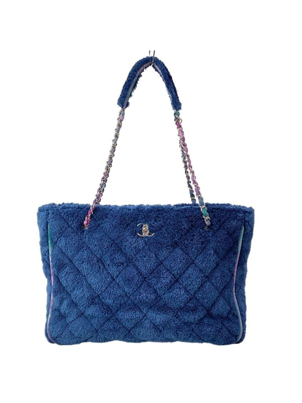 Chanel Tote Bag Blue Purple Chain Handle Silver
